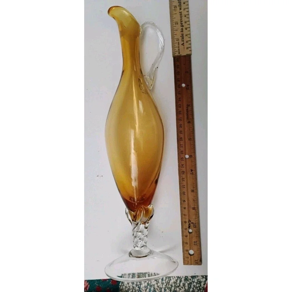 Vtg MCM Italian Murano Amber Blown Glass Decanter Twisted Stem 4 Cordial Set 15